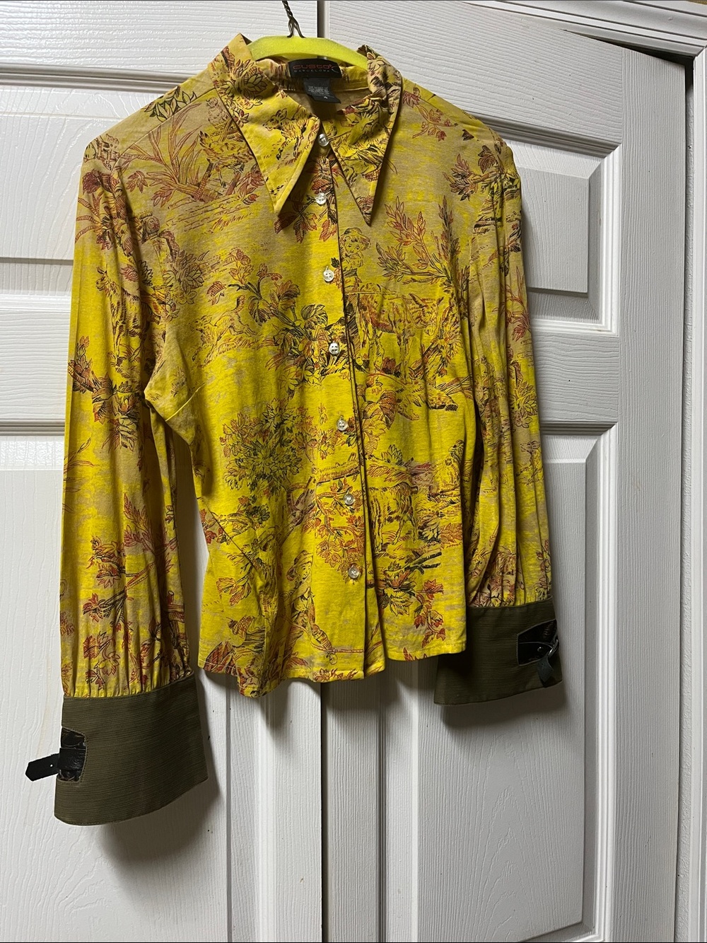 Custo Barcelona Yellow Floral Button-Up Shirt with Red and Black Print size 4